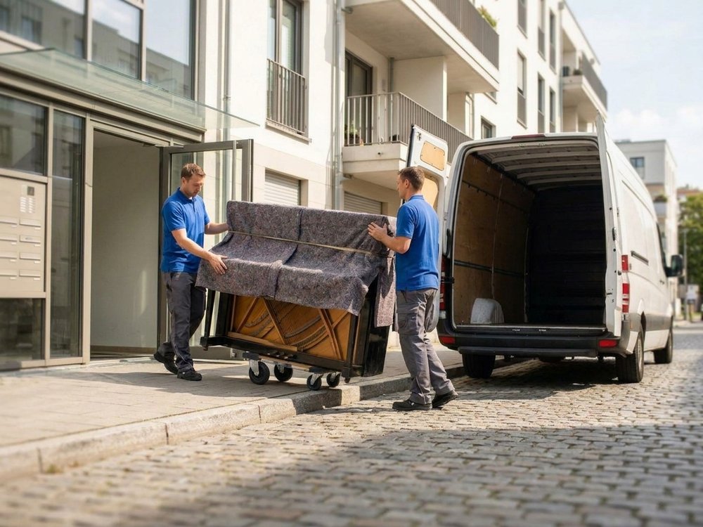 Zwei Mitarbeiter schieben ein verpacktes Klavier auf einem Rollwagen in den Umzugswagen